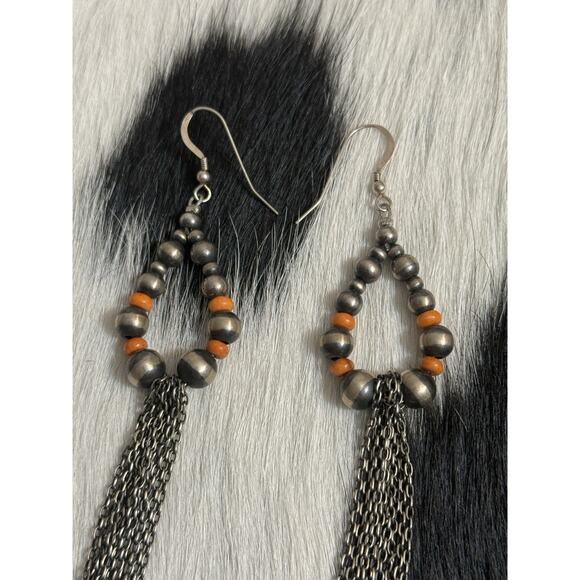 Native American Sterling Silver Navajo Pearl Orange Spiny Chandelier Earrings 4” - Picture 5 of 10